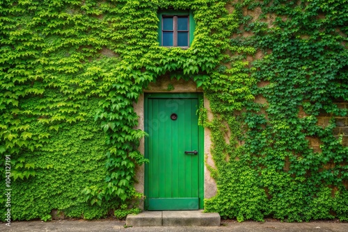 Green door on building with vines and window