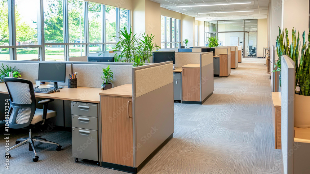 A bright, modern office space with cubicles, computers, and plants, promoting a productive and inviting work environment. A bright, modern office space with cubicles, computers, and plants, promoting a productive and inviting work environment.