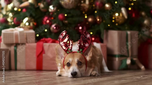 Corgi dog wearing deer horns in Christmas time looking at camera in decorated room with New Year festive lights on background