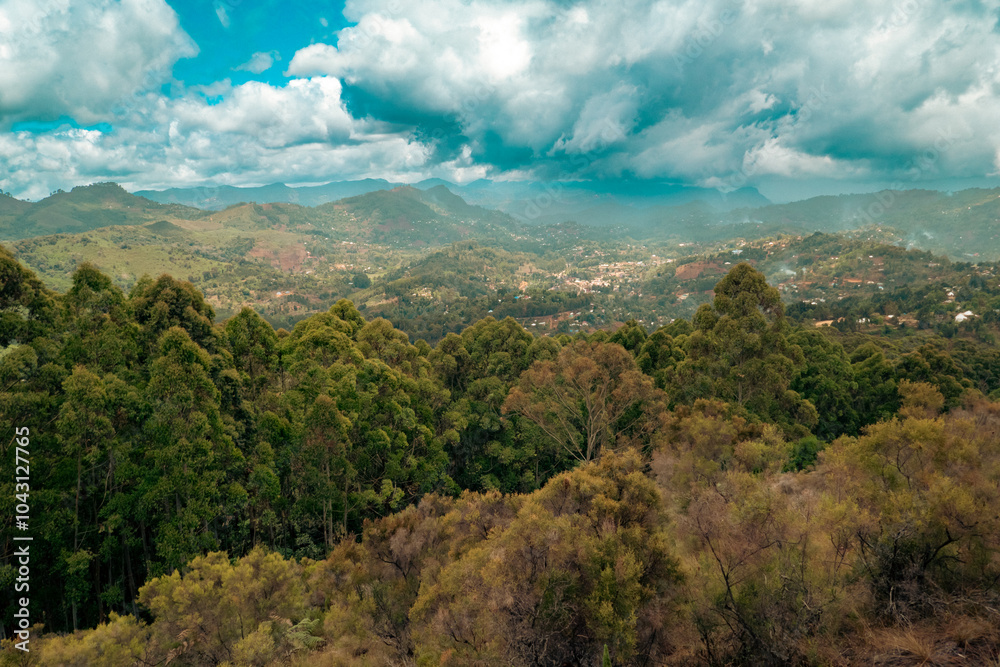 Naklejka premium Scenic view of mountain landscapes at Kigulu Hakwewa trail at Magamba Nature Forest Reserves in Usambara Mountains Range, Tanzania 
