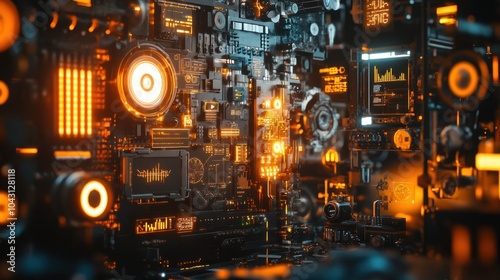 A close-up view of a futuristic circuit board with glowing elements and intricate details.