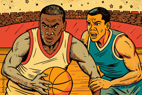 Intense Basketball Match Illustration: Players in Action on Court