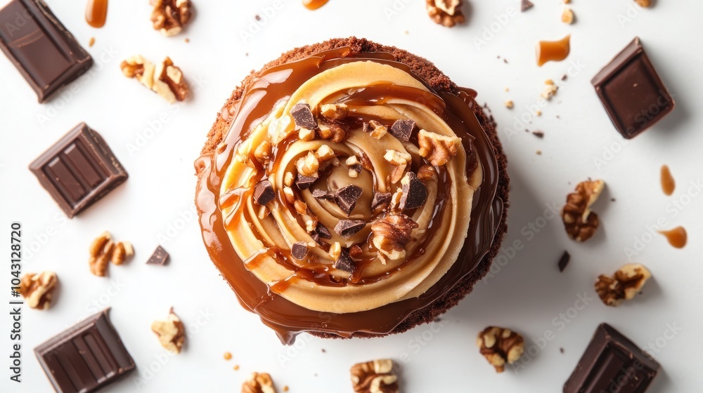 A delicious chocolate dessert topped with caramel, nuts, and chocolate pieces. A delicious chocolate dessert topped with caramel, nuts, and chocolate pieces.