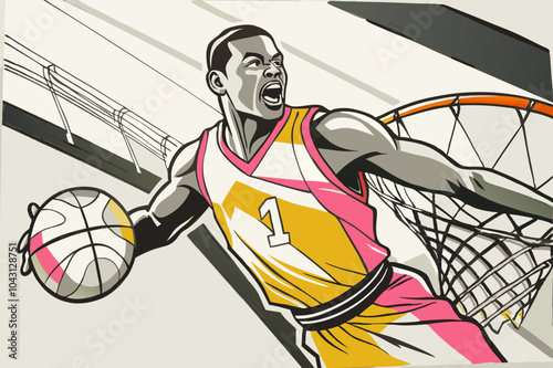 Dynamic Basketball Player Making a Slam Dunk in Retro Style Illustration