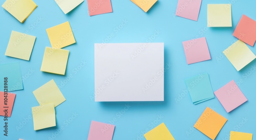 A white card in the center of an empty light blue background, surrounded by various colored post-it notes. A white card in the center of an empty light blue background, surrounded by various colored post-it notes.