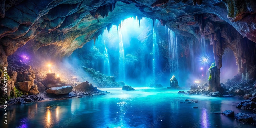 Fototapeta premium A Serene Oasis Hidden Within a Cave, Where Crystal-Clear Waters Cascade Down Through the Dark, Illuminating the Pool Below with Magical Light