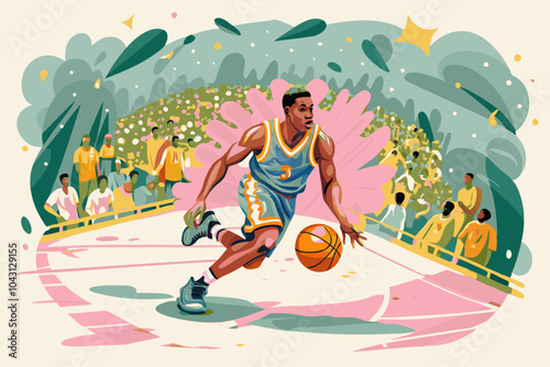 Dynamic Basketball Player in Action on Floral Court Illustration