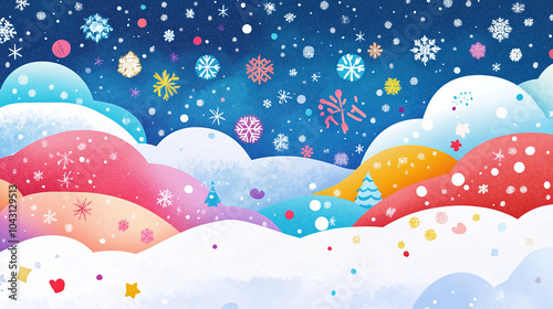 Colorful snow icons with different patterns and shapes, falling lightly from the clouds.