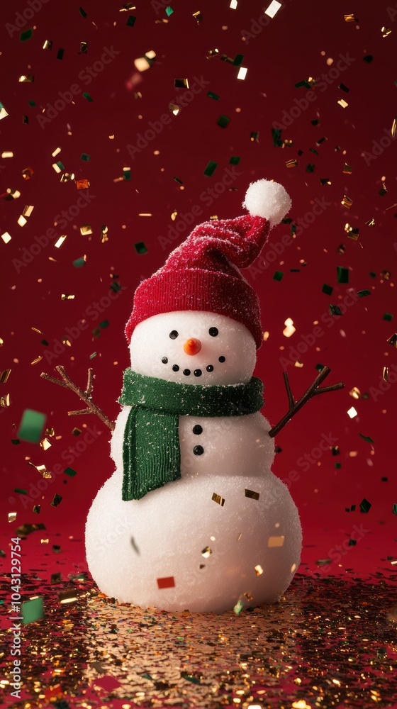 A traditional real snowman with a green scarf and red hat with flying red gold and green metallic falling confetti on a red solid color background. A traditional real snowman with a green scarf and red hat with flying red gold and green metallic falling confetti on a red solid color background.