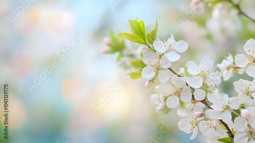 Blossoming spring flowers with soft white petals and green foliage in a lush,vibrant garden setting. The blurred background creates a dreamy,ethereal atmosphere. A peaceful.