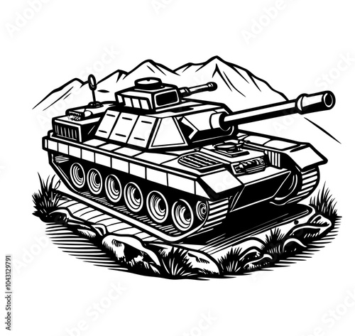 Vector illustration of a detailed military tank positioned on rugged terrain, featuring mountains, an Army  Armored Personnel Carrier outline, and a battle tank icon.