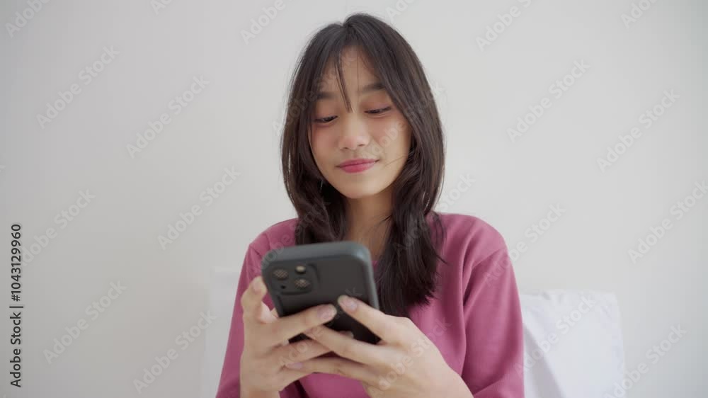 Asian young woman chatting online on smartphone in bedroom at home. Asian young woman chatting online on smartphone in bedroom at home.