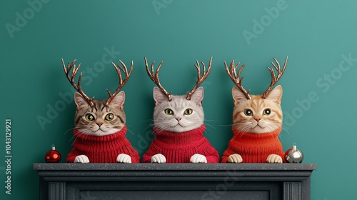 Three festive cats wearing red sweaters and reindeer antlers sit on a mantel against a teal wall, creating a playful holiday scene. photo