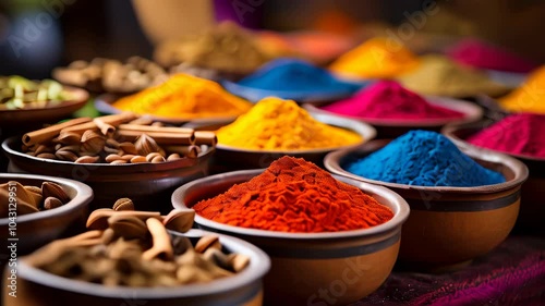 Vibrant display of spices at a local market showcasing varieties and colors in India