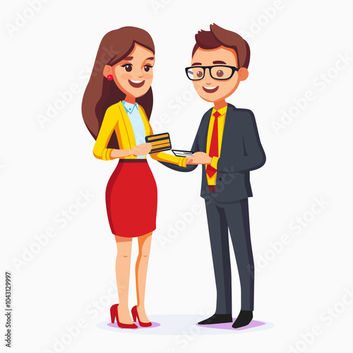 Woman giving credit card to businessman.