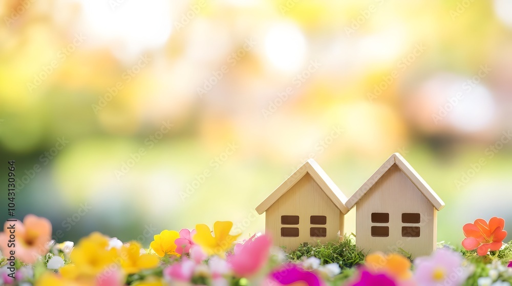 Closeup view of a small wooden miniature house model placed in a beautiful blooming garden with flowers,plants,and natural scenery. Concept of real estate,interior design,architecture,or hobby. Closeup view of a small wooden miniature house model placed in a beautiful blooming garden with flowers,plants,and natural scenery. Concept of real estate,interior design,architecture,or hobby.