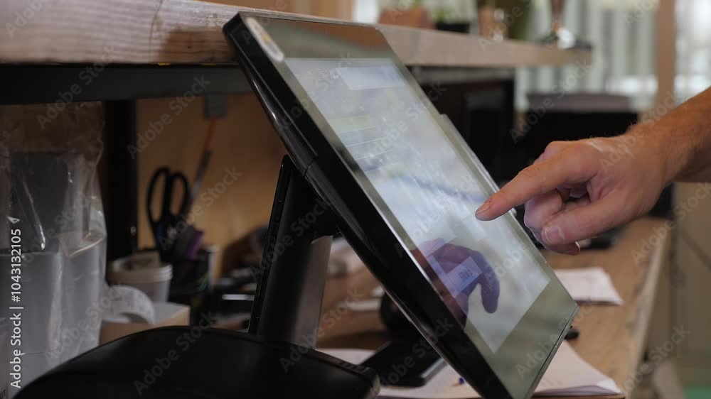 A close-up of a waiter or bartender working at a computer in a cafe, he clicks on the touch screen and places an order. The waiter works with an electronic panel for orders and receipts. A close-up of a waiter or bartender working at a computer in a cafe, he clicks on the touch screen and places an order. The waiter works with an electronic panel for orders and receipts.