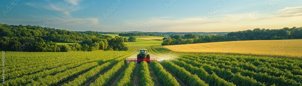 Aerial View of Tractor Spraying Fertilizer on Lush Green Agricultural Field During Sunny Day in Countryside Aerial View of Tractor Spraying Fertilizer on Lush Green Agricultural Field During Sunny Day in Countryside
