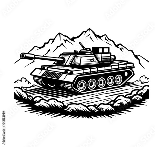 Vector illustration of a detailed military tank positioned on rugged terrain, featuring mountains, an Army  Armored Personnel Carrier outline, and a battle tank icon.