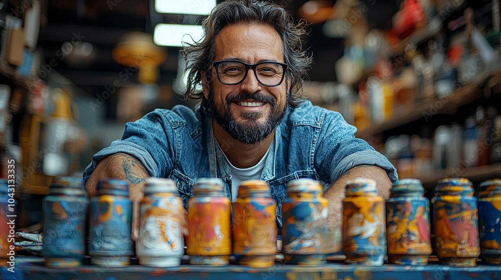 Obraz premium Close up portrait of a joyful artist in his creative studio
