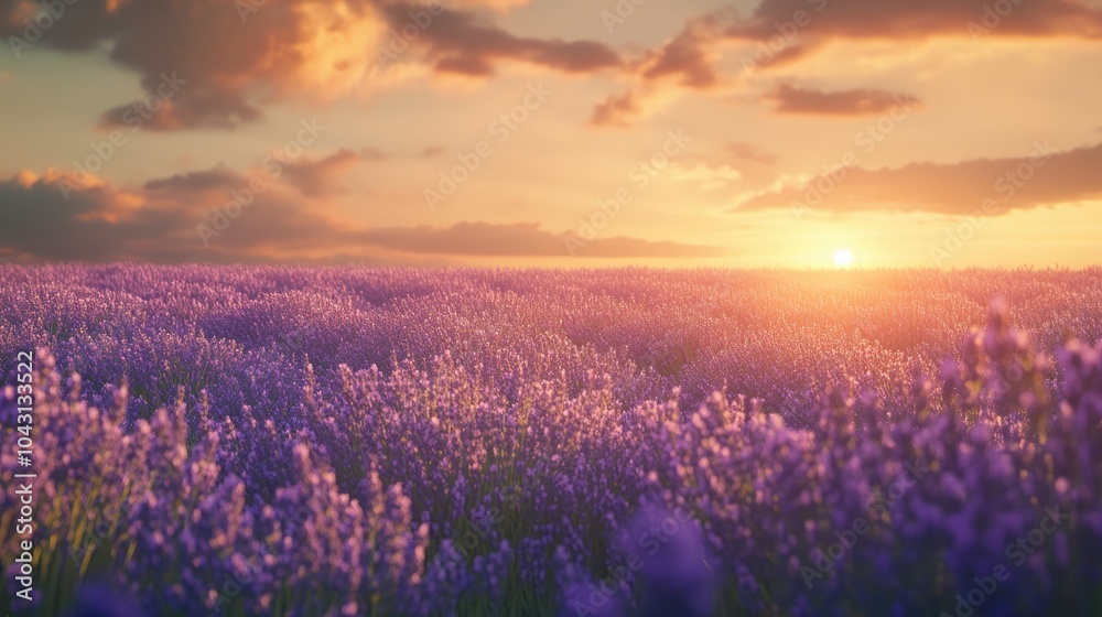 Fototapeta premium Endless lavender field under the soft, golden light of dawn, creating a dreamy scene filled with peaceful beauty