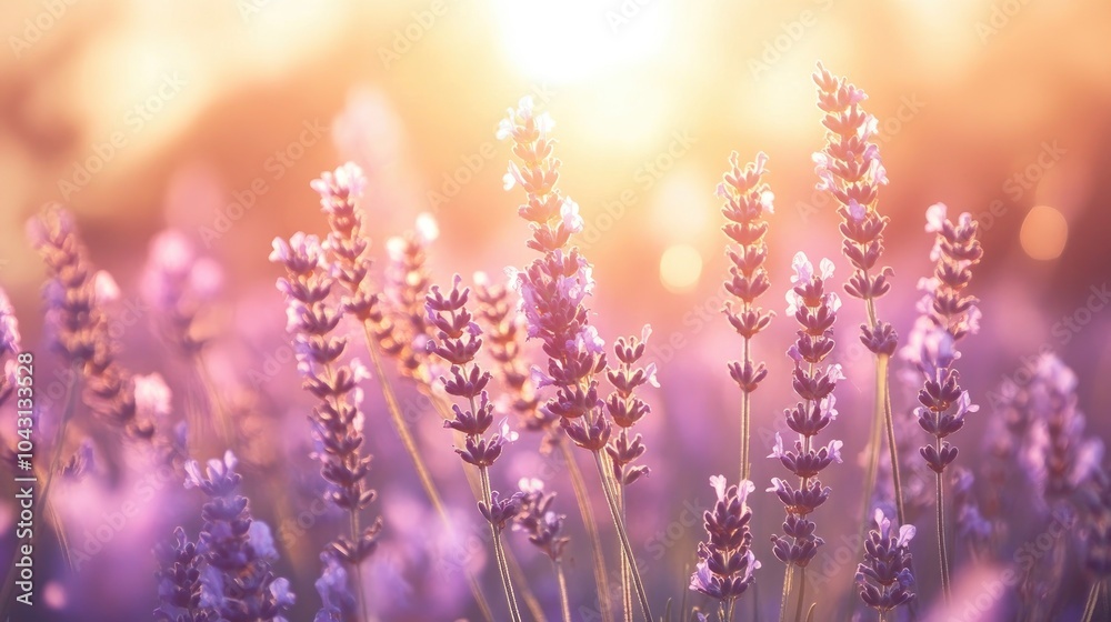 Obraz premium Endless lavender field under the soft, golden light of dawn, creating a dreamy scene filled with peaceful beauty