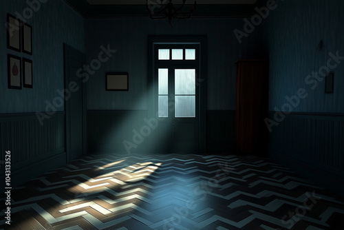 Surrealer gefährlicher Raum mit Sonnenstrahlen, die durch das Fenster scheinen