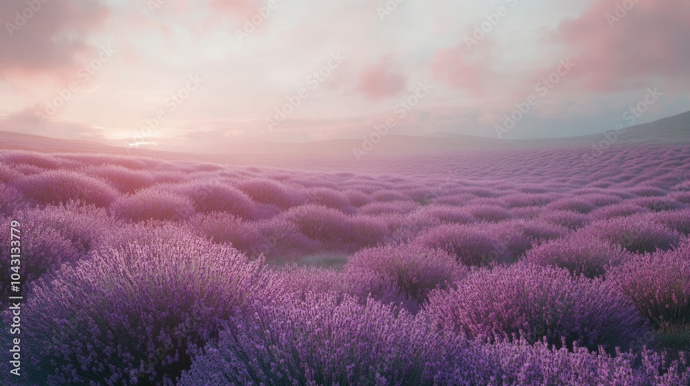 Obraz premium Lavender fields stretching into the distance, bathed in soft, ethereal light, creating a magical and serene landscape