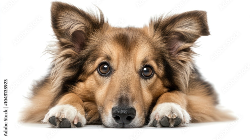 A close-up of a dog with a thoughtful expression, resting its head on its paws. A close-up of a dog with a thoughtful expression, resting its head on its paws.