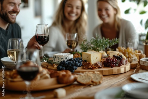 A group of people are sitting around a table with a variety of food and drinks