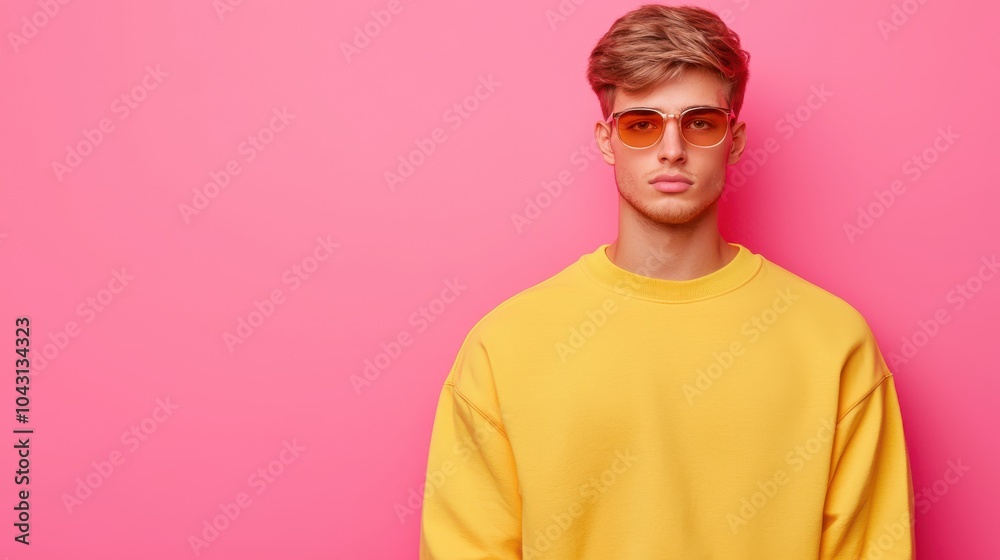 Portrait of caucasian European man in a yellow shirt is wearing sunglasses and standing in front of a pink background. the man is dressed in bright colors. Portrait of caucasian European man in a yellow shirt is wearing sunglasses and standing in front of a pink background. the man is dressed in bright colors.