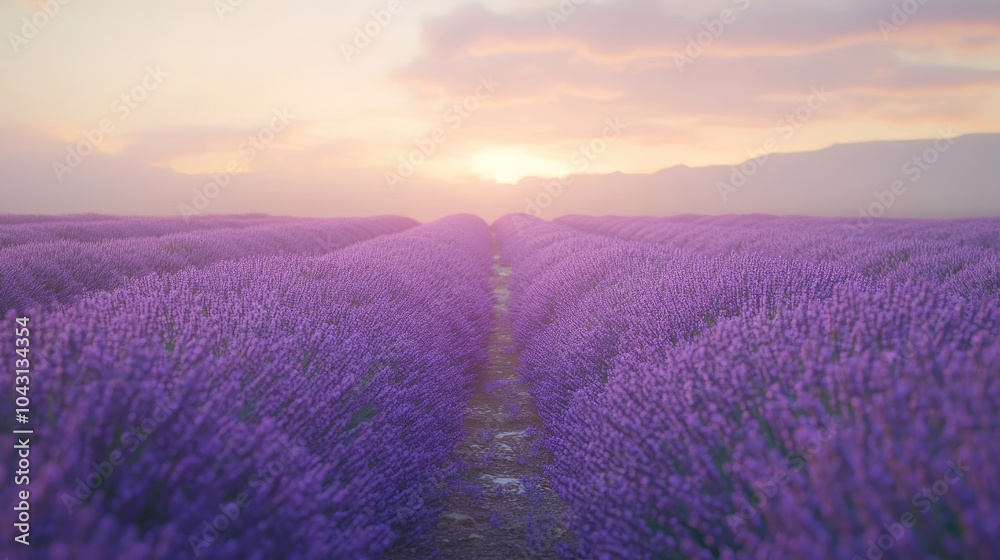A serene lavender field glowing in soft light, stretching toward the horizon and creating a magical, dreamlike atmosphere A serene lavender field glowing in soft light, stretching toward the horizon and creating a magical, dreamlike atmosphere