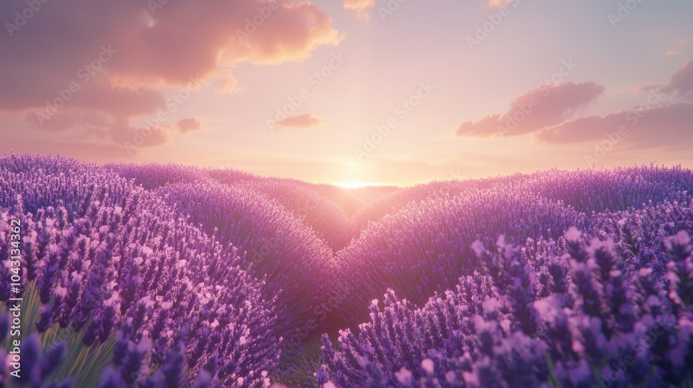 Fototapeta premium A serene lavender field glowing in soft light, stretching toward the horizon and creating a magical, dreamlike atmosphere