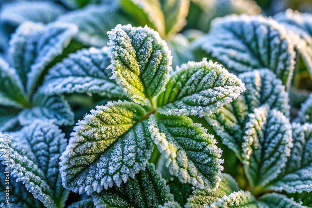 Green leaves of plants covered with frost Green leaves of plants covered with frost