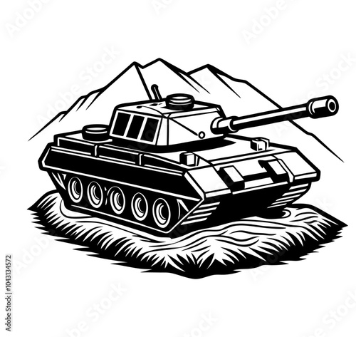 Vector illustration of a detailed military tank positioned on rugged terrain, featuring mountains, an Army  Armored Personnel Carrier outline, and a battle tank icon.