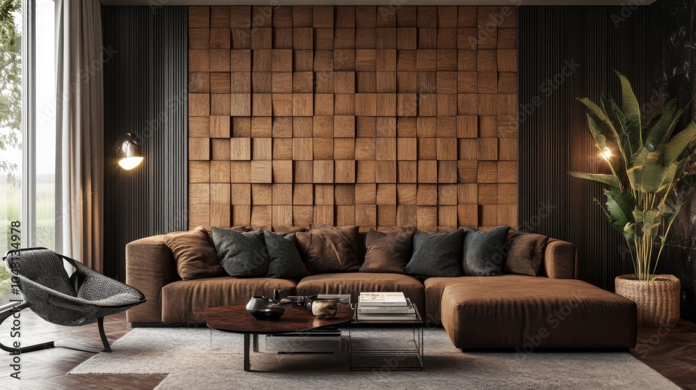 Fototapeta premium Modern living room with a brown leather sofa, wooden wall, coffee table, and a plant in a pot.