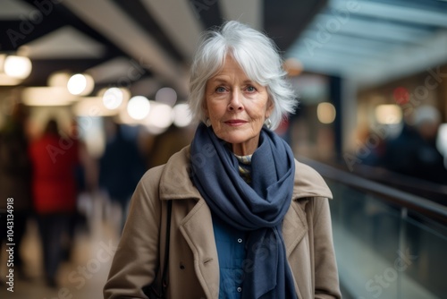 Elderly woman in coat and scarf walking in the shopping mall