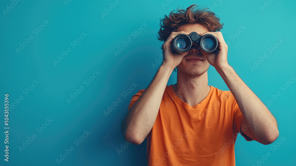 A man in an orange shirt is looking through binoculars. Concept of curiosity and adventure, as the man is exploring the world around him with his binoculars A man in an orange shirt is looking through binoculars. Concept of curiosity and adventure, as the man is exploring the world around him with his binoculars