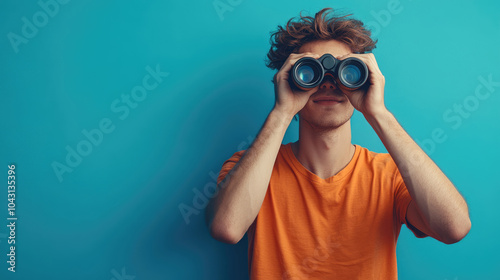 A man in an orange shirt is looking through binoculars. Concept of curiosity and adventure, as the man is exploring the world around him with his binoculars