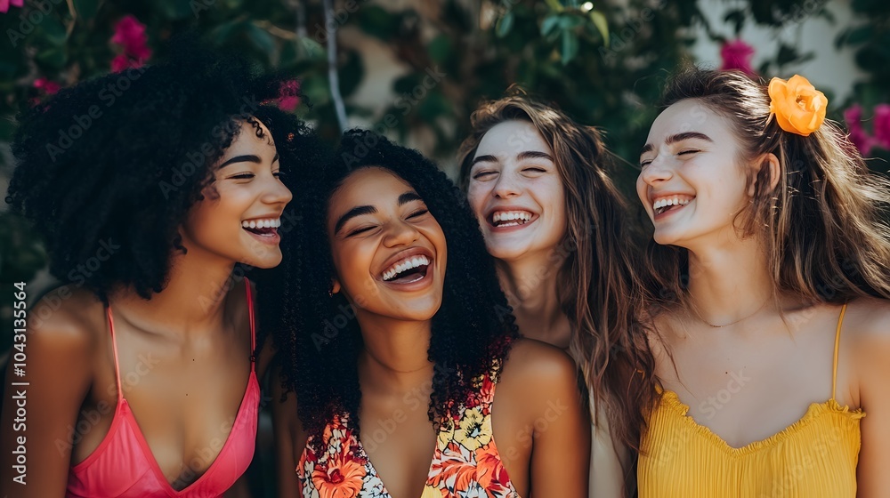 Fototapeta premium Optimistic cheery young women multiracial friends. 