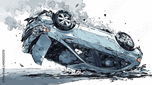 Dramatic car rollover accident with smoking wreckage