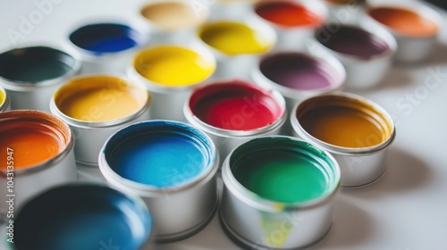 small paint cans, each with a different color, placed neatly next to a color palette on a clean white table