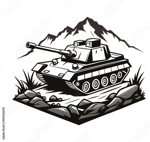 Vector illustration of a detailed military tank positioned on rugged terrain, featuring mountains, an Army  Armored Personnel Carrier outline, and a battle tank icon.