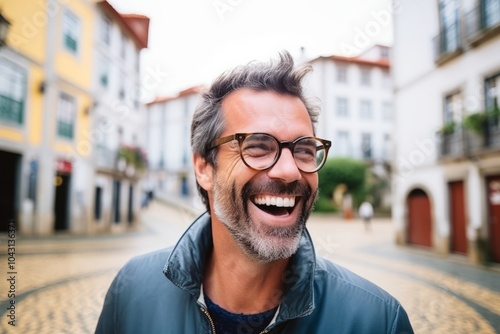 Portrait of a handsome middle-aged man in eyeglasses smiling