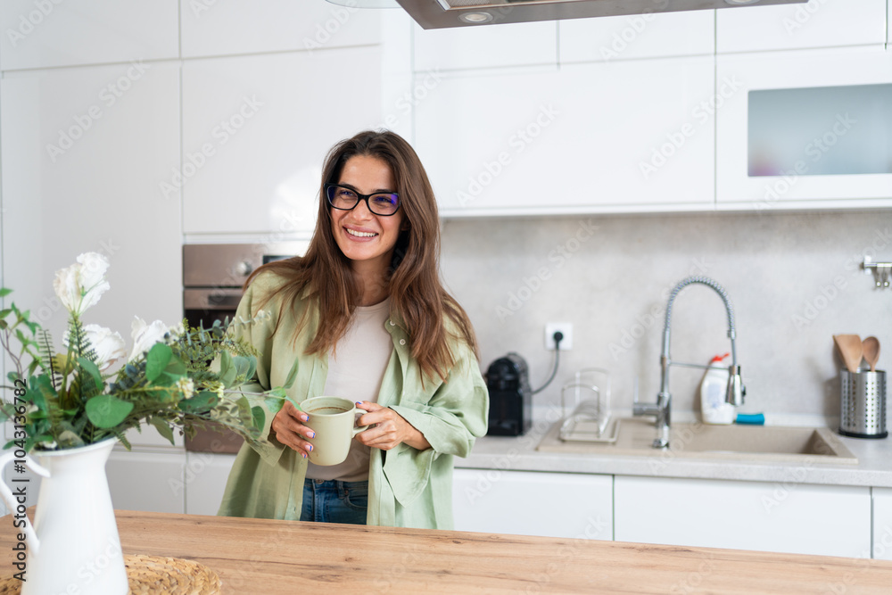 Life goals, simple living and morning routine. Young beautiful woman living alone, daydreaming in her new apartment, moved in after job promotion and salary raise. Life goals, simple living and morning routine. Young beautiful woman living alone, daydreaming in her new apartment, moved in after job promotion and salary raise.