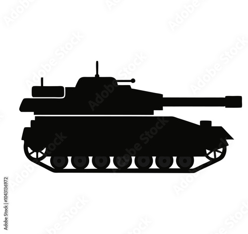 Vector illustration of a detailed logo-type military tank positioned on rugged terrain, featuring mountains, an Army  Armored Personnel Carrier outline, and a battle tank icon.