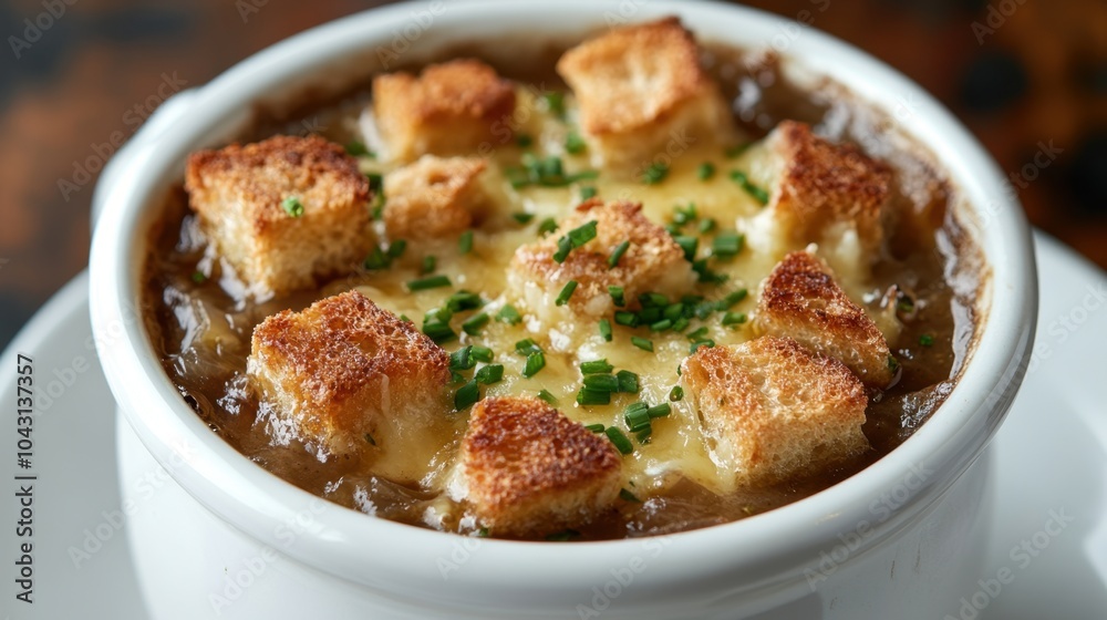 French onion soup with croutons and melted cheese in a white bowl French onion soup with croutons and melted cheese in a white bowl