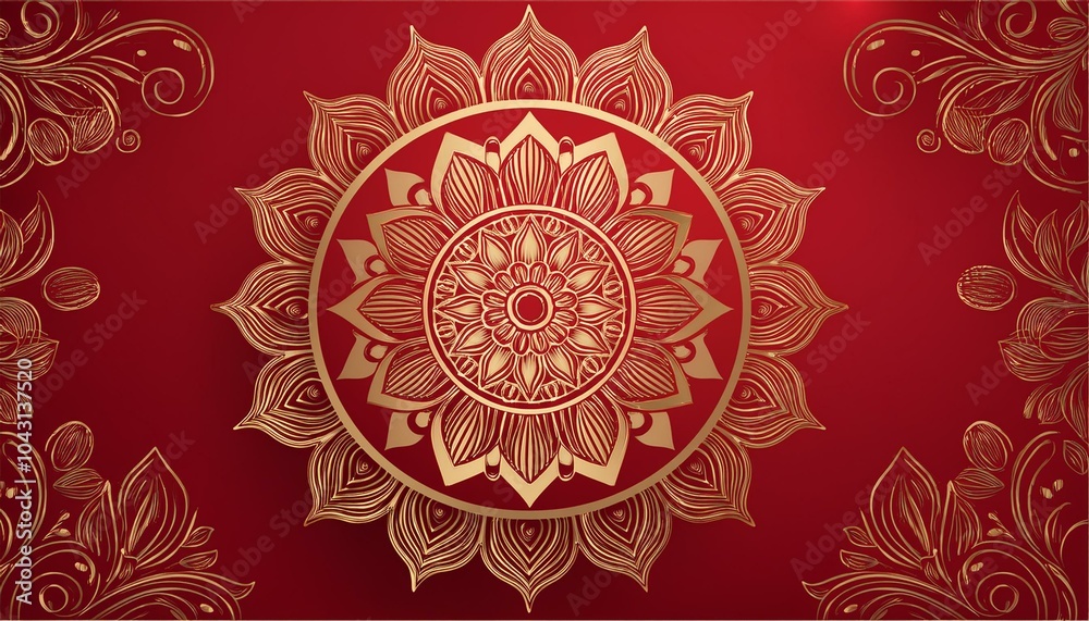 Luxurious red background with a detailed gold mandala and floral design, perfect for elegant invitations, event branding, or luxury decor Luxurious red background with a detailed gold mandala and floral design, perfect for elegant invitations, event branding, or luxury decor