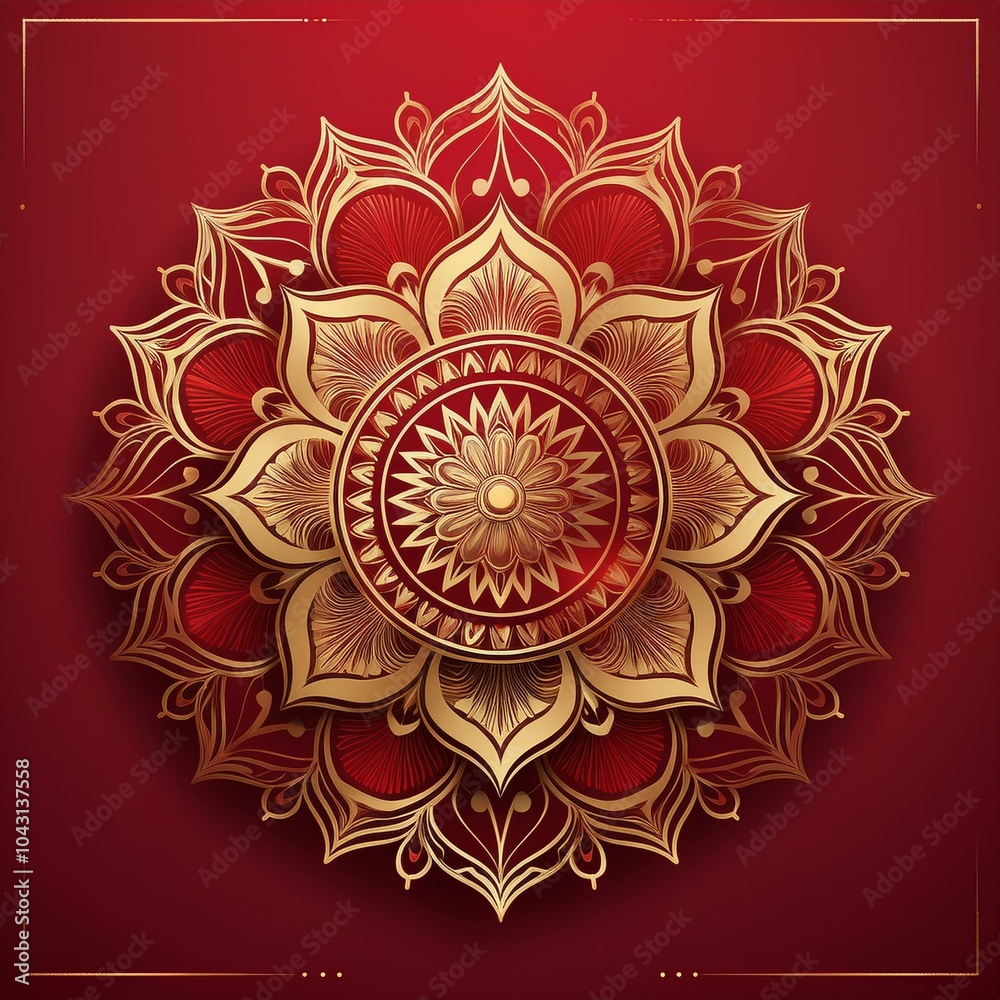 Luxurious red background with a detailed gold mandala and floral design, perfect for elegant invitations, event branding, or luxury decor Luxurious red background with a detailed gold mandala and floral design, perfect for elegant invitations, event branding, or luxury decor