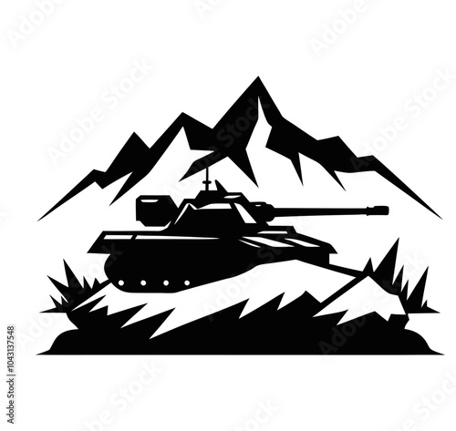 Vector illustration of a detailed military tank positioned on rugged terrain, featuring mountains, an Army  Armored Personnel Carrier outline, and a battle tank icon.